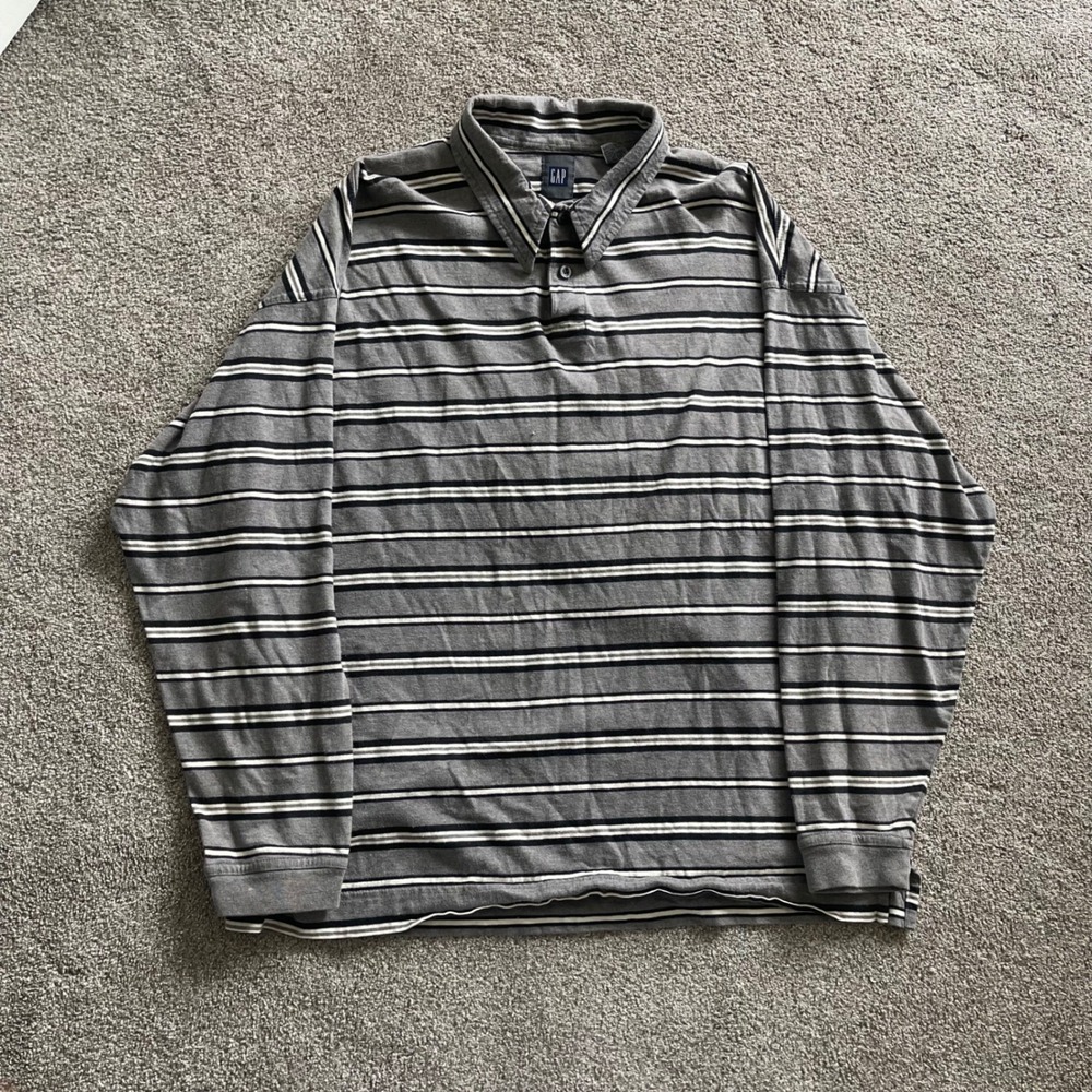 Mens Gap Long Sleeve Polo Shirt Large Grey Striped Excellent Vintage Style